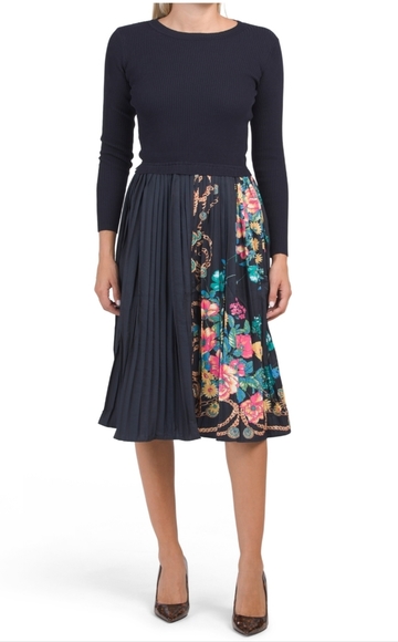 dalia macphee tie neck pleat skirt border printed dress